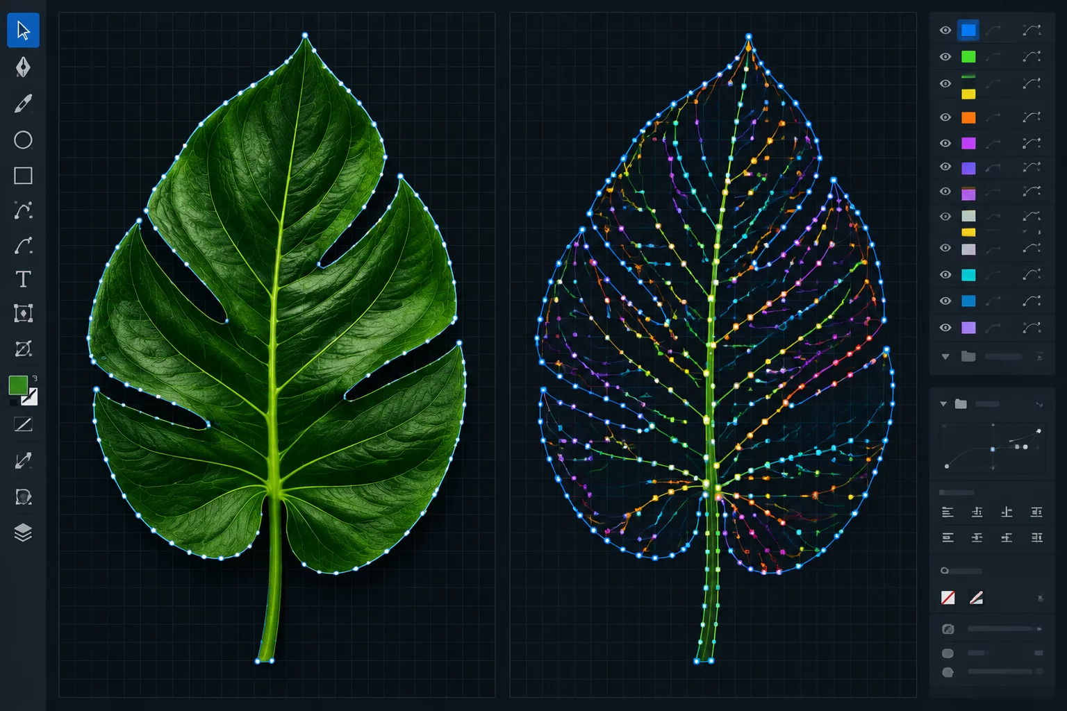 Diagnostic visualization of leaf texture converted into dense vector path network